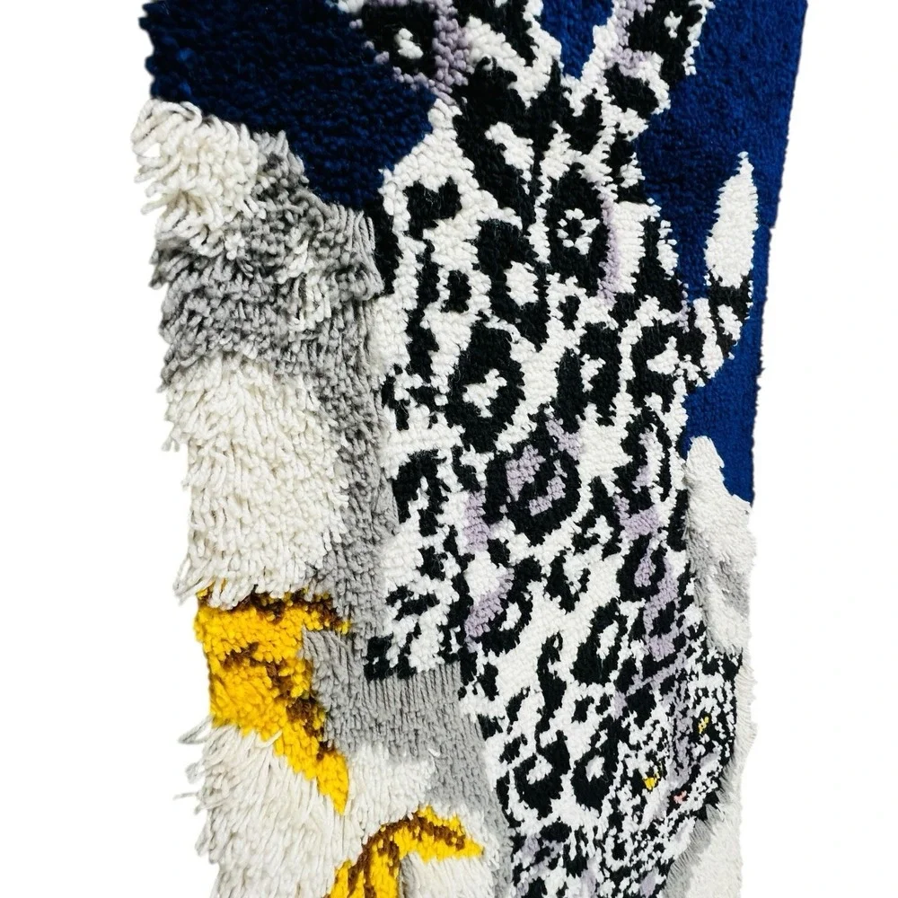 Retro Snow Leopard Latch Hook Wall Hanging Shag Rug Pop Art MCM 70s Maximalist